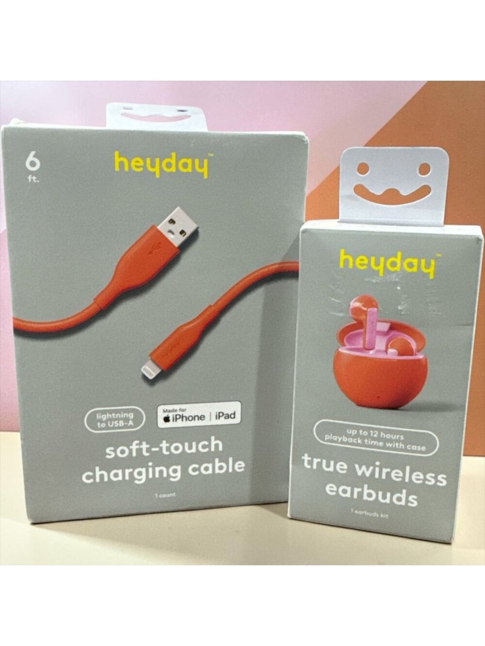 Heyday Wireless Earbuds With Charging Cable Set - Coral & Pink